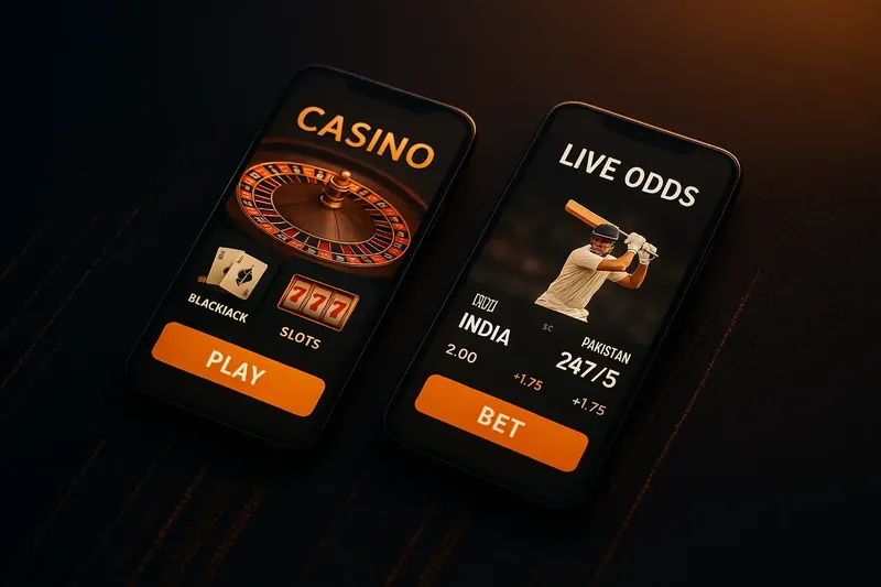 Two smartphones on dark Indian handloom textile with casino lobby and cricket live odds