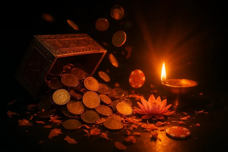 Decorative box spilling rupee coins, chips, lotus, marigold petals, diya glow