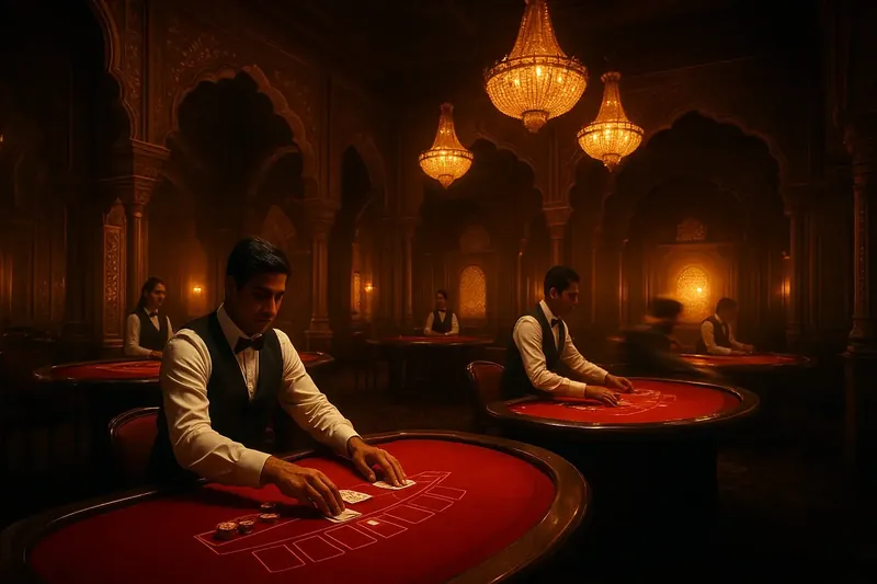 Luxurious Indian online casino lobby with chandeliers, golden accents, and red velvet tables