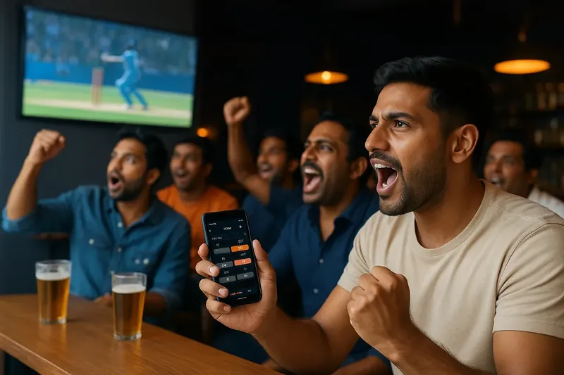 Men in Mumbai sports bar watching cricket, holding smartphone with live odds