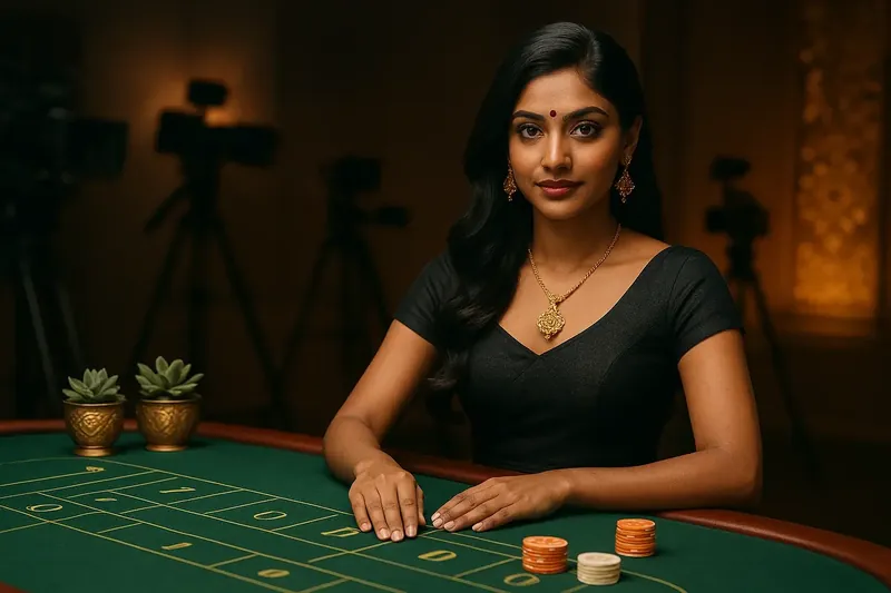 Indian live casino dealer at green felt table with studio lighting