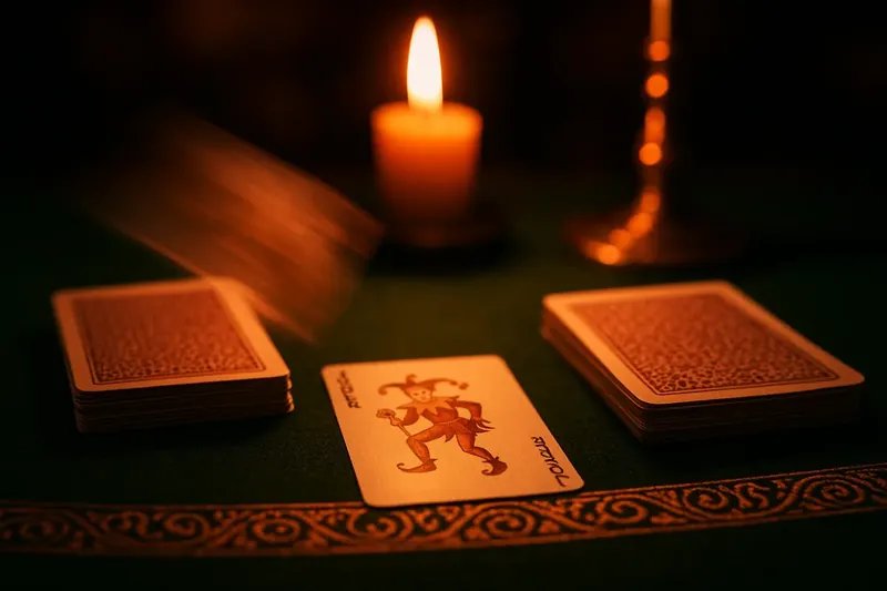 Two card piles on green felt with joker, warm candlelight ambiance